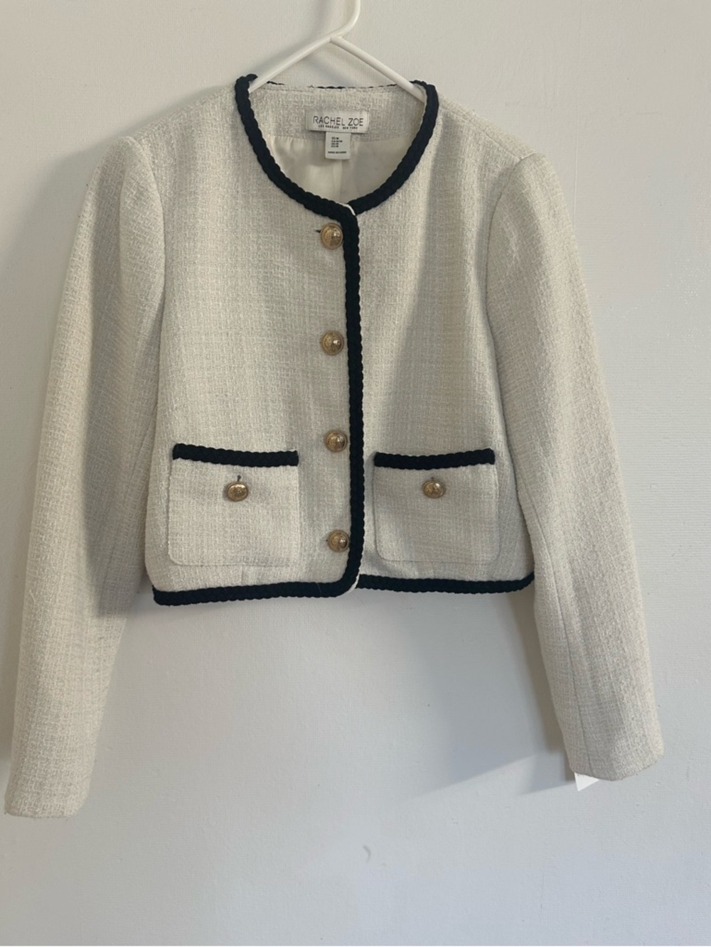 Rachel Zoe Ivory Tweed Cropped Jacket with Black Braid Trim